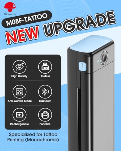 Phomemo M08F Upgraded Tattoo Stencil Printer, Thermal Stencil Printer with 10pcs Transfer Paper, Tattoo Supplies for Artists & Beginners, Compatible with Phone, Tablet & PC, Black & Blue