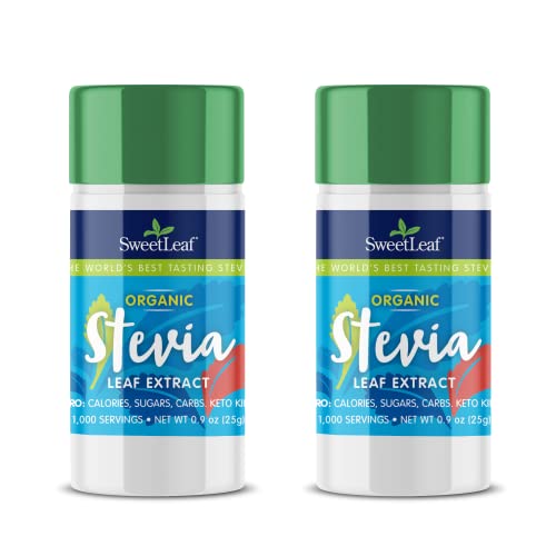 SweetLeaf Organic Stevia Powder Shaker Jar - Zero Calorie Stevia Sweetener, No Bitter Aftertaste, Plant-Based Sugar Substitute, Non-GMO Sweet Leaf Stevia, 0.9 Oz Ea (Pack of 2)