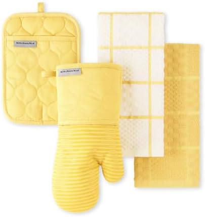 KITCHENAID Quilted Cotton Terry Cloth Oven Mitt, Pot Holder, Kitchen Towel 4-Pack Set, Heat Resistant, Silicone Grip, 16"x26", 7"x13" & 7"x10", Butter Yellow