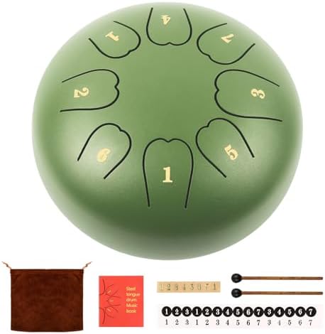 Rain Drum For Outside, Steel Tongue Drum 6 Inch 8 Notes, Tongue Drum with Mallets for Musical Education Entertainment Gifts (Army Green)
