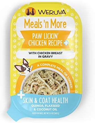 Weruva Meals 'n More Natural Wet Dog Food, Paw Lickin’ Chicken Plus Skin & Coat Health, 3.5oz Cup (Pack of 12)