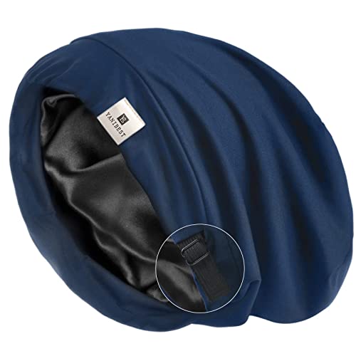 YANIBEST Silk Satin Bonnet Hair Cover Sleep Cap - Dark Blue Adjustable Stay on Silk Lined Slouchy Beanie Hat for Night Sleeping