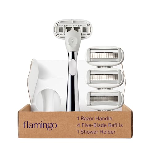 Flamingo Razors for Women, 1 Women's Razor Handle (Chrome), 4 Razor Five-Blade Refills, and 1 Shower Holder