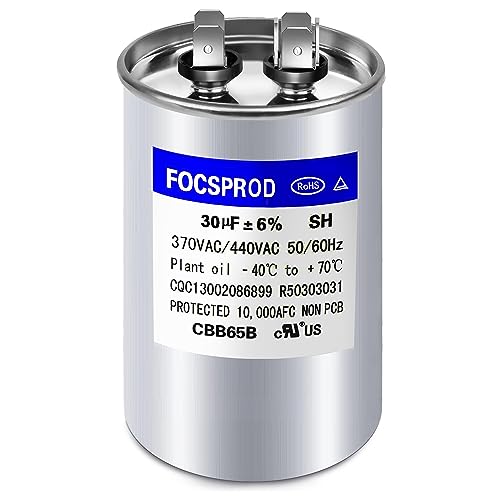 30 uF MFD ±6% 370V/440V CBB65 AC Capacitor, Dual Run Round Capacitor Replacement, 440 Volt HVAC Capacitor for AC Unit Fan Motor Start or Heat Pump or Condenser Straight Cool