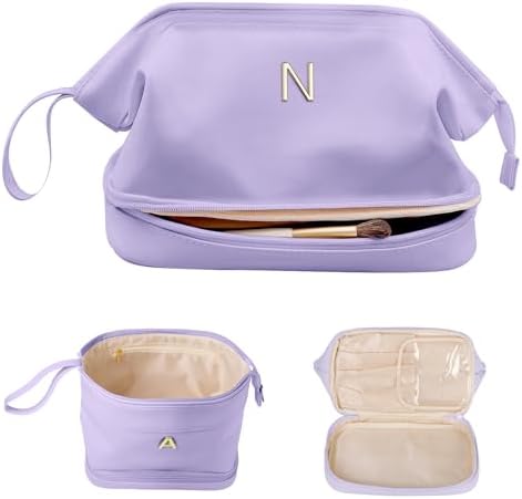 Grandma Gifts Initial Large Makeup Bag, Personalized Double Layer Cosmetic Bag with Makeup Brush Organizer, Waterproof, Large Capacity PU Leather Travel Toiletry Bag Graduation Gift