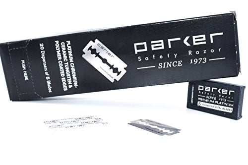 Parker 100 Count, Parker Double Edge Safety Razor Blades, Premium Platinum Stainless Steel Razor Blades with PTFE, Tungsten and Chromium Coated Edges for Smooth, and Comfortable Shaves