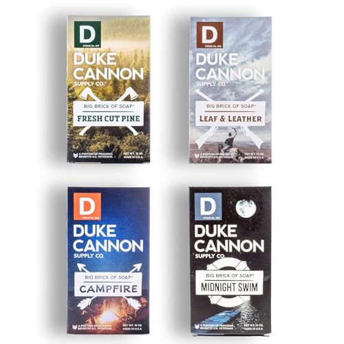 Duke Cannon Supply Co. Big Brick of Soap Bar, Frontier 40 - Fresh Cut Pine, Leaf & Leather, Campfire & Midnight Swim, Extra Large, Masculine Scents, 10 oz. (Variety, 4 Pack)