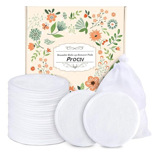 ProCIV Reusable Makeup Remover Pads, 18 Packs Washable Organic Bamboo Reusable Cotton Rounds for All Skin Types & Toner with Laundry Bag, Eco Friendly Zero Waste Reusable Cotton Pads for Woman (White)