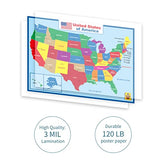 United State Map Laminated Poster -Double Side Educational Poster For Kids/Adults -18 x 24 inch Waterproof Map For Home Classroom