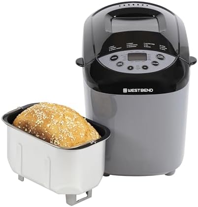 West Bend 47413 Hi-Rise Programmable Bread Maker Machine with Horizontal Dual Blade and 12 Programs, Including Gluten Free Mode, 3 Lb, Gray