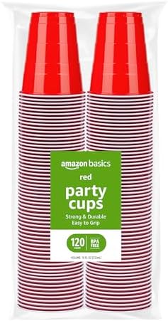 Amazon Basics Disposable Plastic Party Cups, Red, 18oz, 120 Count, Large Pack