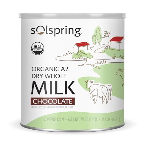 Dr. Mercola Solspring Organic A2 Dry Whole Milk, Natural Chocolate Flavor with Other Natural flavors, 15 Servings, 19.7 oz (1 lb. 3.7 oz.), Contains 26% Milk Fat, Gluten Free, Soy Free, USDA Organic