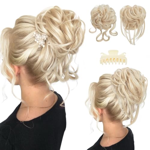 SARLA 2PCS Messy Bun Hair Pieces Detachable Claw Clip Wavy Curly Synthetic Hairpieces Fake Scrunchies Updo Ponytail Extension for Women Light Champagne