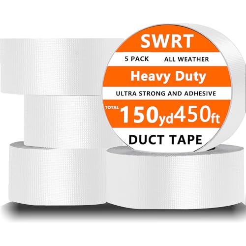 SWRT 5-Pack White Duct Tape Strong Adhesive, 2 Inch x 150 Yd Total Duct Tape Heavy Duty Waterproof All Weather White Heavy Duty Duct Tape No Residue Sealing & Patching for Indoor&Outdoor Repair