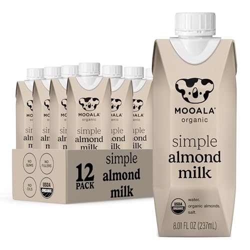 Mooala Organic Simple Almondmilk - -Shelf Stable Single Serve Cartons, 3 Ingredients, No Gums, No Oil, No Fillers Unsweetened, Dairy Free Milk, On The Go 12 Pack