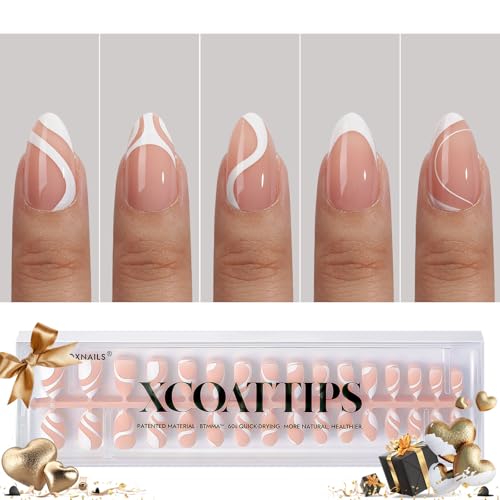 BTArtbox French Tip Press on Nails - 5 Styles XCOATTIPS Short Almond Nails, Pre-Designed Swirl Soft Gel Nail Tips, Ultra Fit False Nail, Soak Off Acrylic Fake Nails Extensions for Easy DIY Nail Art