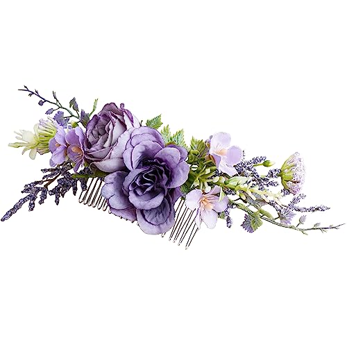 Purple Flower Hair Comb - Handmade Wedding Floral Combs Bridal Comb for Hair for Bride Bridesmaid Women Girls Prom Bridal Shower Maternity Shoot