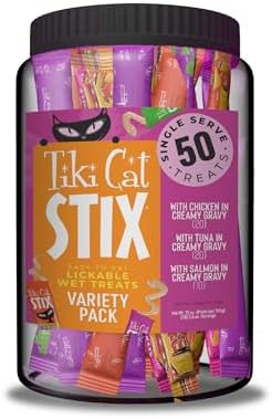 Tiki Cat Stix Mousse Treats, Variety Mega Jar, Single Serve Indulgent Lickable Treat or Dry Food Topper, 50 Count, 25 oz. (0.5 oz./Stick)