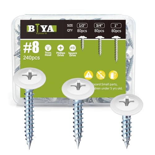 White Screws,#8 White Wood Screws 240pcs Thread Truss Head Fast Self Tapping White Pan Cabinet Screws Wood Work for Wall Plates, 1/2 Inch, 3/4 Inch, 1 Inch