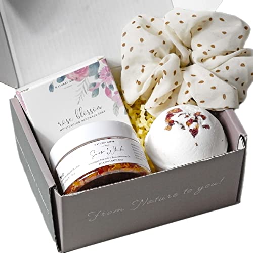 Natural Amor Rose Spa Gifts for Women,4pcs Self Care Box Including Soap Bar, Bath Bomb, Bath Salt,Thank You Gift for Women