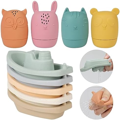 Bath Toys Floating Boats with Silicone Bathtub Toys,9pcs Mold Free Baby Bath Toys for Infants 6-12-18 Months,Water Table Toys for Toddlers 1-3,Shower Toys Pool Toys for 1 2 3 4 Boys Girls Kids
