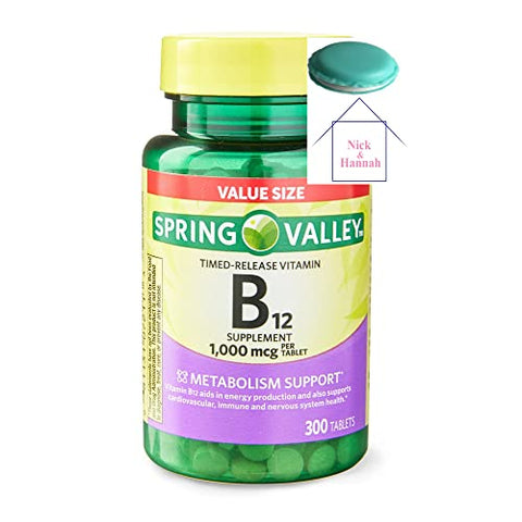 Spring Valley Vitamin B12 Timed-Release Tablets Dietary Supplement Value Size, 1,000 mcg, 300 Count + 1 Mini Pill Container (Color Varies)