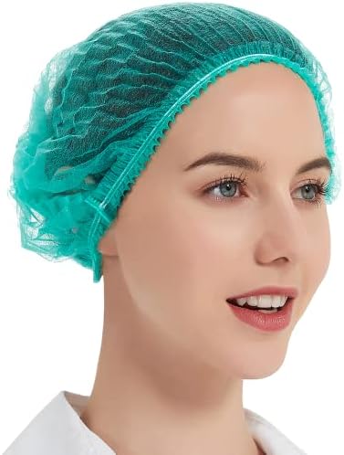 ProtectX 100-Pack Green Disposable Hair Nets, Elastic Head Cover, Bouffant Caps, Sanitation Head Cover for Food Service, Spa Men & Women - 21 inch