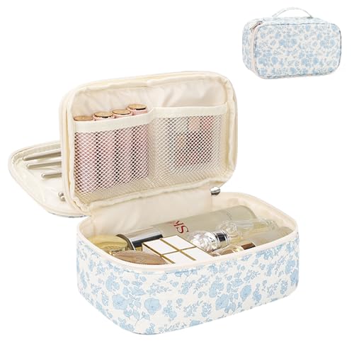 Relavel Travel Makeup Bag, Small Floral Cosmetic Bag with Makeup Brush Compartment, Portable Makeup Pouch for Women, Double Layer Makeup Organizer Bag Cute Toiletry Bag