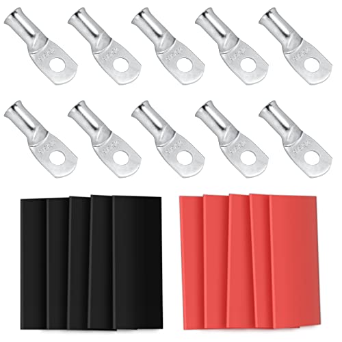 10pcs Sanuke 2/0 AWG - 5/16" Tinned Copper Wire Lugs Ring Terminals, Marine Grade Battery Cable Ends with 3:1 Dual Wall Adhesive Heat Shrink Tubing