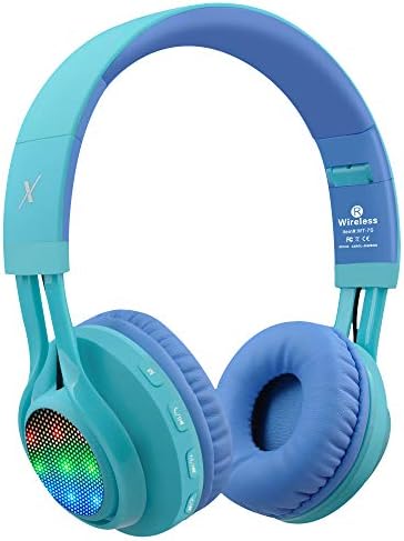 Riwbox WT-7S Kids Bluetooth Headphones, LED Light Up Wireless Foldable Stereo Headset with Microphone and Volume Control for PC/Tablet/TV/Travel (Blue)