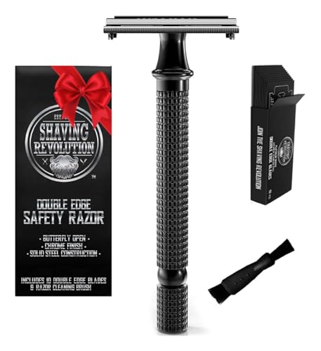 SHAVING REVOLUTION Long Handle Double Edge Safety Razor - Butterfly Open Razor 10 Japanese Stainless Steel Double Edge Blades - Close, Clean Shaving Razor Men., Black Long Handle, 12 Piece Set