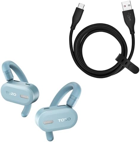 TOZO O2 Lightweight True Open Ear Wireless Earbuds with Multi-Angle Adjustment, Blue + USB-C to USB-A Charging Cable Black