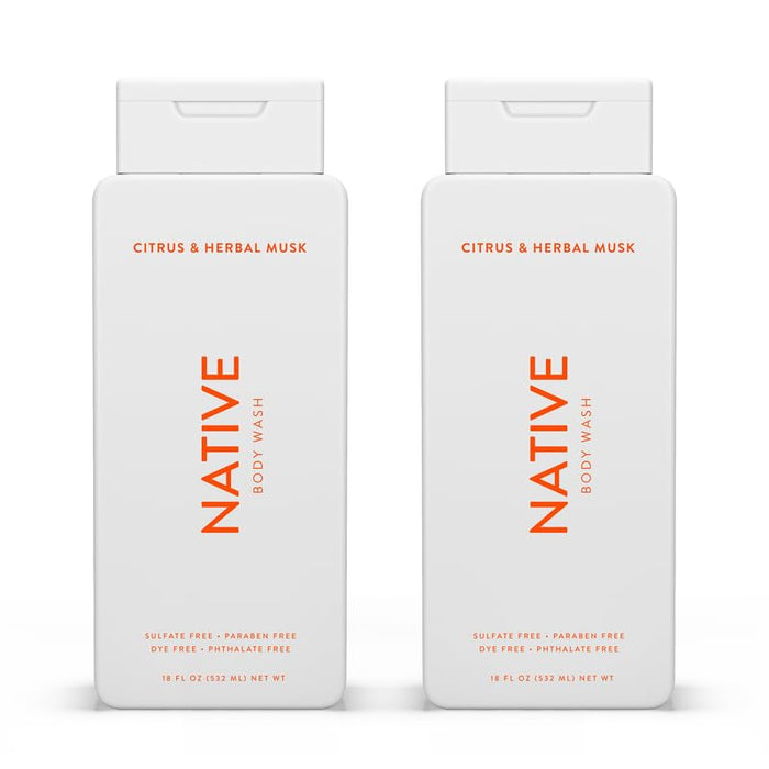 Native Body Wash Contains Naturally Derived Ingredients | For Women & Men, Sulfate, Paraben, & Dye Free Leaving Skin Soft and Hydrated | Citrus & Herbal Musk 18 oz - 2 Pk
