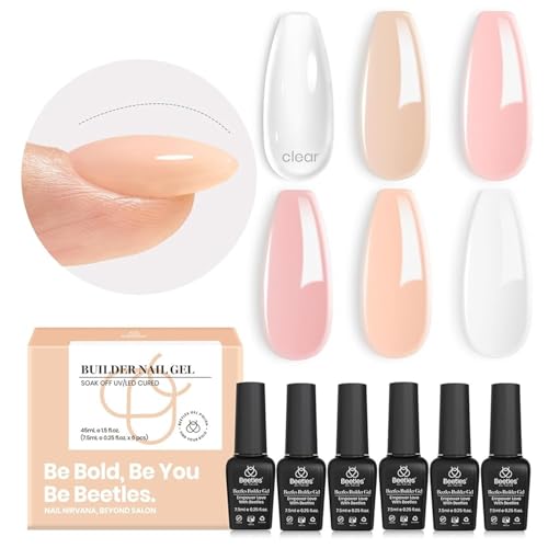 beetles Builder Gel 6 Colors 7 in 1 Strengthener Gel Clear Nude Pink Milky White Hard Gel Nail Extension Gel Rhinestone Gel Nail Glue Art Base Gel Needed