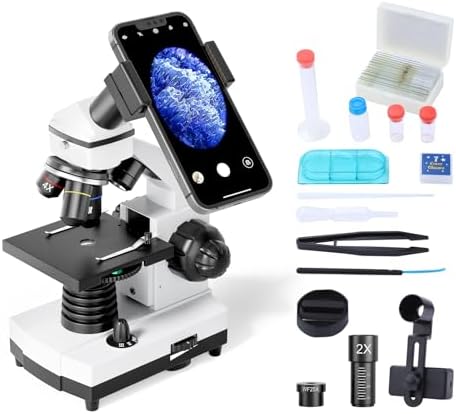 Microscope for Adults Kids Students 100-2000x Magnification Powerful Biological Educational Microscopes with Operation Accessories (10p), Slides Set (15p), Phone Adapter, Wire Shutter & Backpack