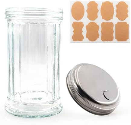 12 oz Retro Style Glass Sugar Shakers Dispenser, Glass Jar, Sugar Shaker, Stainless Steel Pour-Flap Lid, For Sugar，Cinnamon，Bee Pollen，pepper and other spices ，1 Pack