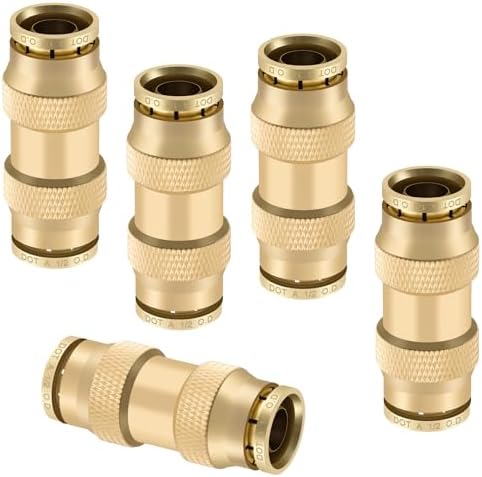 1/2" Quick Push to Connect Fittings Brass Union Straight Joint DOT Approved 1/2 inch tube OD Air Line Adapter Air Spring Suspension Kit for Car Truck Trailers and Air Brake System 5pcs