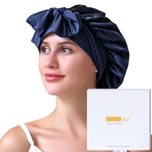 ZIMASILK 22 Momme 100% Mulberry Silk Bonnet for Sleeping Women Double Layer Silk Hair Wrap with Tie Band Stay On Head for Curly Hair Care (1Pc, Navyblue)