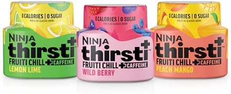 Ninja Thirsti Flavored Water Drops, FRUITI CHILL+ Variety Pack, Bold Fruit Flavor with Caffeine, Sparkling or Still Calories, Zero Sugar, Makes 17, 12oz drinks, 3 Pack, WCFV3