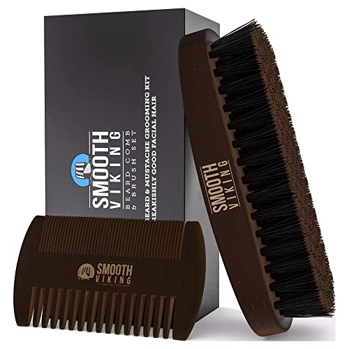 Smooth Viking Beard Brush & Comb Gift Set for Men - Natural Boar Bristle Hair Brush & Wooden Comb, Boar Brush for Facial Hair Styling, Grooming & Beard Shaping Tool, Men Hair Products - Brown