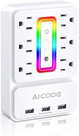AICODE Multi Plug Outlet Extender, 6 Outlet Surge Protector with 3 USB Charger(3.2A Total),Plug Electrical Outlet with 6 Ambient RGB Light, Plug Extender for Home,Office,Dorm,Hotel