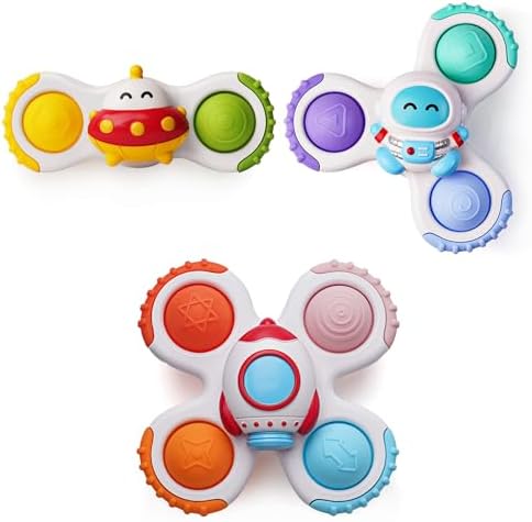 LiKee Strong Suction Cup Fidget Spinnerz Sensory Bath Toys for Baby 12 18 Months Airplane Car Travel Table & Window Toys for 1 2 Year Old Toddler Boys and Girls (Space-1)