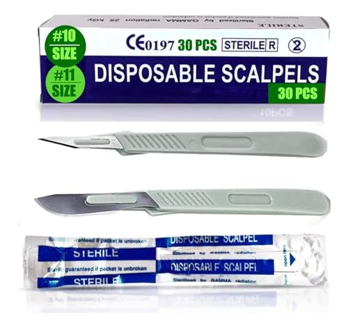 Disposable Scalpels #10 + 11 ● Box of 30 Disposable Dermaplaning Blades with Plastic Handle, Scalpel Blades, High Carbon Steel Dermablade Blades Individually Wrapped Sterile