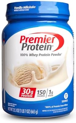 Premier Protein Powder, Vanilla Milkshake, 30g Protein, 1g Sugar, 100% Whey Protein, Keto Friendly, No Soy Ingredients, Gluten Free, 17 Servings, 23.3 Ounces