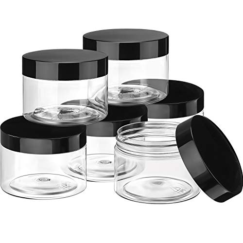 6 Pack Clear Container with Lids Small Plastic Pot Jars Wide Mouth Round Leak Proof Plastic Container Jars with Lid for Travel Storage, Eye Shadow, Nails, Paint, Jewelry (6 oz, Black)