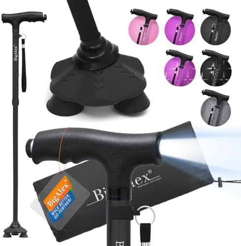 BigAlex Folding Walking Cane with LED Light, Lightweight Adjustable Canes for Women & Men, Free Standing Canes, Pivot Tip, Adjustable Travel Walking Aids with Carry Bag for Seniors Balance & Stability