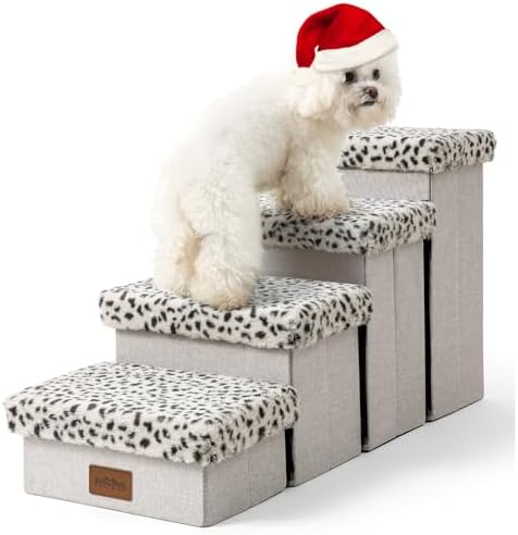 Dog Stair for Small Dogs with Storage, Foldable Pet Stairs for Medium or Puppy Dogs and Older Cats, Dog Steps for Bed or Couch with Soft Cover, 33x13x17.7 inch, 4 Tiers, Leopard