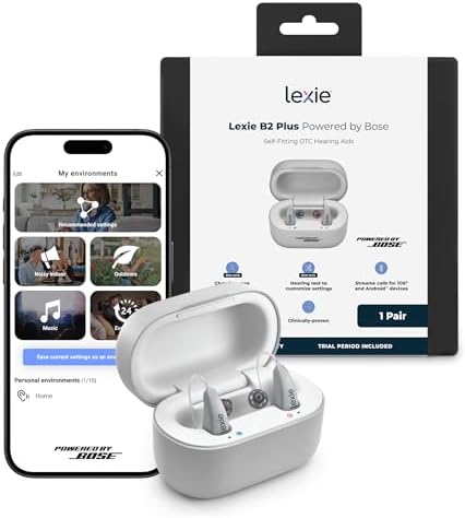 Lexie B2 Plus Powered by Bose - Self-Fitting Rechargeable OTC Hearing Aids for Mild to Moderate Hearing Loss in Adults and Seniors - Clear Sound - Wireless Charging Case - Bluetooth-Enabled - Gray