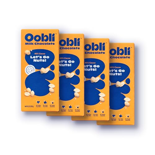 Oobli Milk Chocolate Bars, Only 1g Added Sugar, Low Carb, No Sugar Alcohols, Gluten-Free (4 pack, Peanut Milk Chocolate)