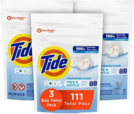 Tide PODS Free & Gentle, Laundry Detergent Soap Pods, Unscented, 3 Bag Value Pack, 111 Count, HE Compatible